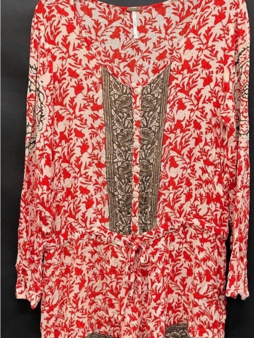 Free People Red Floral Button-Front Blouse with Embroidered Placket